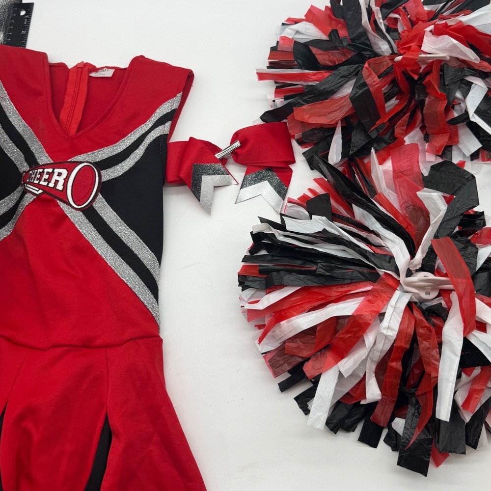 Spirit Halloween Cheerleader Costume Girls Medium 8-10 Red Black Dress Pom Poms - Picture 7 of 16